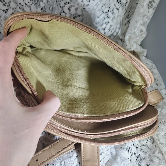 Liz Claiborne tan crossbody purse with light green fabric lining - Picture 7 of 15